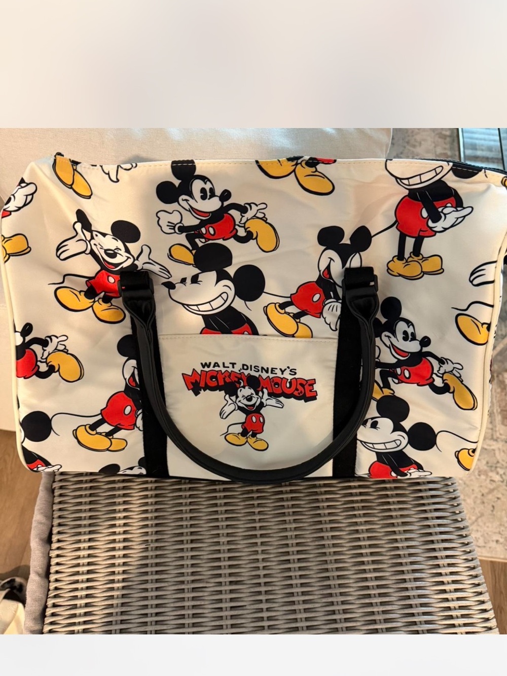 Primark White Mickey Mouse Print Tote with Black Handles and Red/Yellow Accents